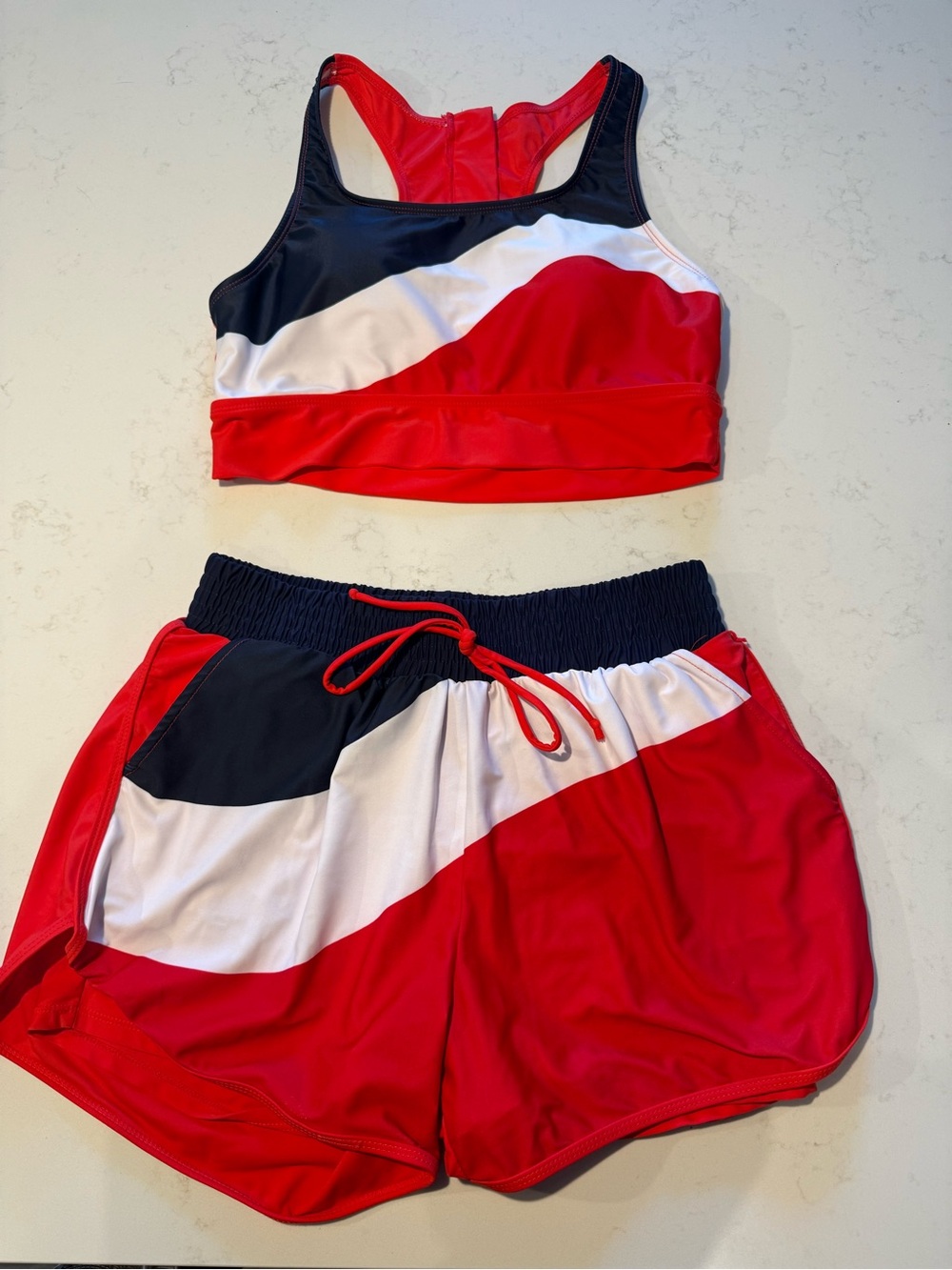 Women’s Red, White & Navy Two-Piece Swim Set - Sporty Tankini Top & Shorts